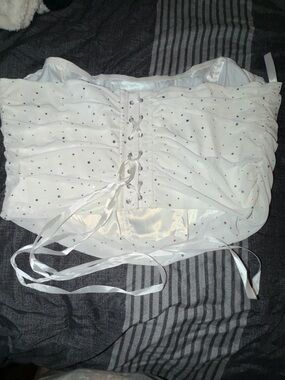 White Rhinestone Lace-Up Bustier Crop Top 5x